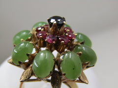 Vintage 18kt Jade Ruby Sapphire Ring, Sz. 6.75, Domed