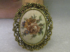 Vintage Brooch & Pendant Combination, Floral Cameo Style - Decorative Gold Tone Ornate Frame, 2.5"