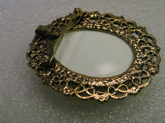 Vintage Brooch & Pendant Combination, Floral Cameo Style - Decorative Gold Tone Ornate Frame, 2.5"