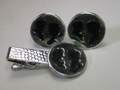 Vintage Silver Tone Silhouette Cuff Link and Tie Clasp Set, 1970's