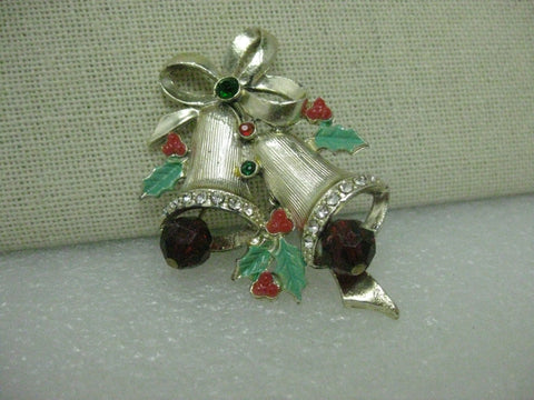 Vintage Gold Tone Christmas Bells Brooch, Enamel Accents, 1960's.  2", Rhinestone Accents
