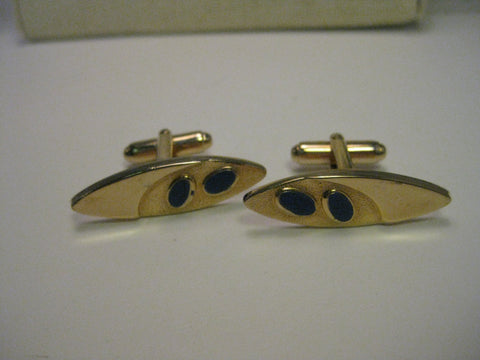 Vintage Gold Tone  Art Deco Style Cuff Links with Blue Enamel Accents, signed ohnson, mid-century