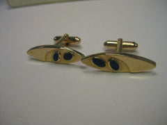 Vintage Gold Tone  Art Deco Style Cuff Links with Blue Enamel Accents, signed ohnson, mid-century