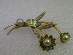 Damascene Floral Brooch, Faux Pearls, Flowers & Stems, 2.25" Long - vintage jewelry