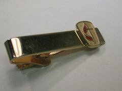 Vintage Gold Tone  Cross and Red Enamel Flame Methodist Tie Clasp, signed Robbins Co., Attleboro, 1.5"