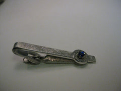 Vintage Silver Tone  Dante Tie Clasp with Sapphire Blue Colored Stone, 2" - 1960-1970