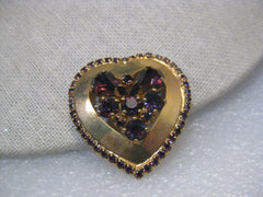 Vintage Weiss Gold Tone Heart Brooch, Purple Rhinestone Cluster and Border 1-2/3" tall