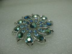 Vintage Silver Tone Spiral Rhinestone Brooch, Shades of Blue & Teal, 2", Mid-Century