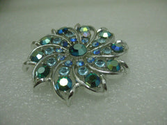 Vintage Silver Tone Spiral Rhinestone Brooch, Shades of Blue & Teal, 2", Mid-Century