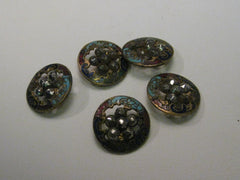 Vintage Set of 5 Champleve Round Cut-Out Brass Buttons with Marcasite Centers, 15mm, early 1900's