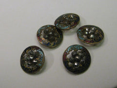 Vintage Set of 5 Champleve Round Cut-Out Brass Buttons with Marcasite Centers, 15mm, early 1900's
