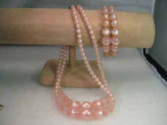 Vintage Necklace & Coiled Cuff Bracelet Set, Mid-Century, Pink Faux Moonglow, Double Strand