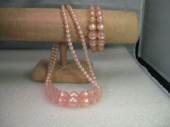 Vintage Necklace & Coiled Cuff Bracelet Set, Mid-Century, Pink Faux Moonglow, Double Strand
