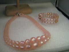 Vintage Necklace & Coiled Cuff Bracelet Set, Mid-Century, Pink Faux Moonglow, Double Strand