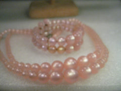 Vintage Necklace & Coiled Cuff Bracelet Set, Mid-Century, Pink Faux Moonglow, Double Strand