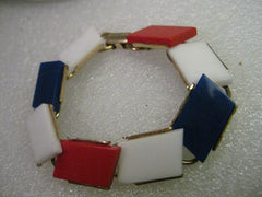 Vintage Bracelet - Gold tone 1950's Red/White/Blue Tile Link Bracelet, 7"