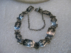 Vintage Sterling Silver Siam Bracelet, Black enameled, 7", 8.6mm wide, safety chain