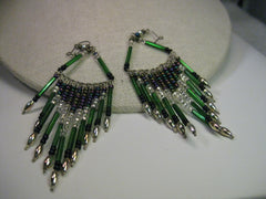 Vintage Earrings, Boho  Long Green Glass Straw and Purple Glass Beaded Chandelier Pierced Earrings