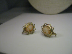 Vintage Gold Tone Cameo Earrings, Screw back, signed Coro, Mid-Century