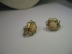 Vintage Gold Tone Cameo Earrings, Screw back, signed Coro, Mid-Century