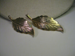 Vintage Gold Tone Leaf Earrings, Pierced, 2" long, textured and shiny surfaces