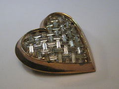Vintage Gold Tone Heart Brooch with Basketweave of  Rhinestone Baguettes, 1.75"
