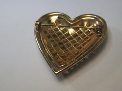 Vintage Gold Tone Heart Brooch with Basketweave of  Rhinestone Baguettes, 1.75"