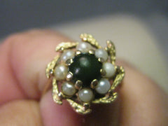 14Kt. Gold Jade and Pearl Ring, Blossom Shaped, size 6.5, Domed
