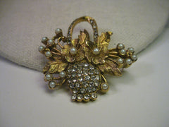 Vintage Brooch, Goldtone Floral Basket with Pave Rhinestones & Faux  Pearl Accents