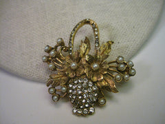 Vintage Brooch, Goldtone Floral Basket with Pave Rhinestones & Faux  Pearl Accents