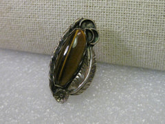 Sterling Silver Navajo Tiger's Eye Ring, with Feathers & Ornate Silver Work, Size 5.25, 6.16 grams