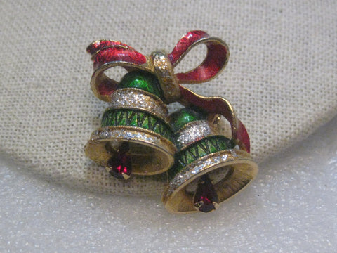 Vintage Gold Tone Christmas Bells Brooch,  1960's, Red & Green Enameling, Rhinestone Clappers