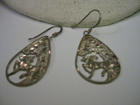 Vintage Sterling Silver Unicorn in the Woods Earrings, Diamond Cut, Dangle Pierced