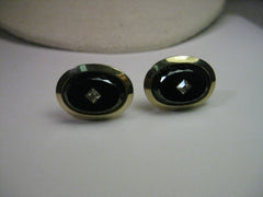 Vintage Gold Tone Cuff Links, Cut Black Stone with Faux Diamond Center, Oval, 1970's
