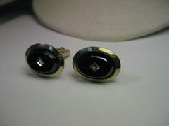 Vintage Gold Tone Cuff Links, Cut Black Stone with Faux Diamond Center, Oval, 1970's