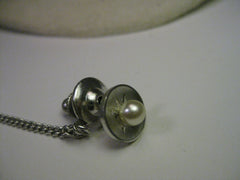 Vintage Silver Tone, Art Deco Style 1950's Tie Tack with Faux Pearl, Round