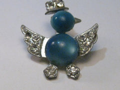 Vintage Silver Tone Lucite Blue Moonstone Duck & Rhinestone Top Hat Brooch, Clear Pave Wings, Hat, Feet - All Stones present