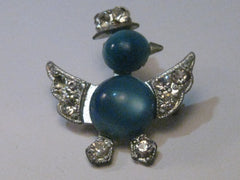 Vintage Silver Tone Lucite Blue Moonstone Duck & Rhinestone Top Hat Brooch, Clear Pave Wings, Hat, Feet - All Stones present