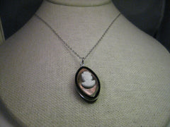 Vintage Sterling Silver Necklace, Black Oval Cameo, 16"