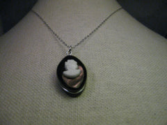 Vintage Sterling Silver Necklace, Black Oval Cameo, 16"