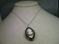 Vintage Sterling Silver Necklace, Black Oval Cameo, 16"