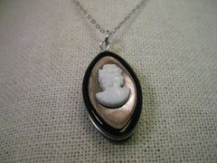 Vintage Sterling Silver Necklace, Black Oval Cameo, 16"