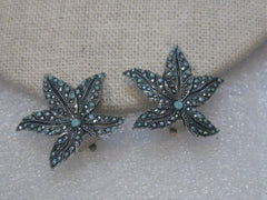 Vintage Silver Tone Faux Marcasite, Turquoise Enameled Clip Leaf Earrings, signed made in West Germany