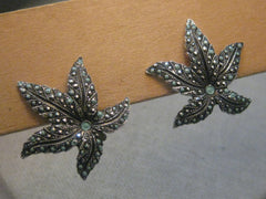 Vintage Silver Tone Faux Marcasite, Turquoise Enameled Clip Leaf Earrings, signed made in West Germany
