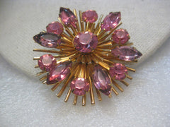 Vintage Gold Tone  Pink Rhinestone 1940's Tiered Brooch/Pendant, 2"