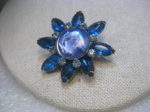 Vintage Silver Tone Blue Marquise & Pearly Button Starburst Brooch, 1950-1960's