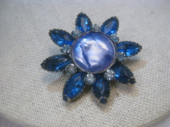 Vintage Silver Tone Blue Marquise & Pearly Button Starburst Brooch, 1950-1960's