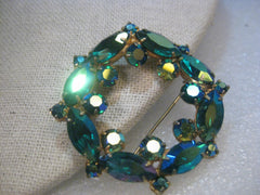 Vintage Juliana Blue/Green Aurora Borealis Circle/Wreath Brooch, 2", Gold Tone, 1960'