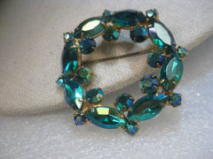 Vintage Juliana Blue/Green Aurora Borealis Circle/Wreath Brooch, 2", Gold Tone, 1960'
