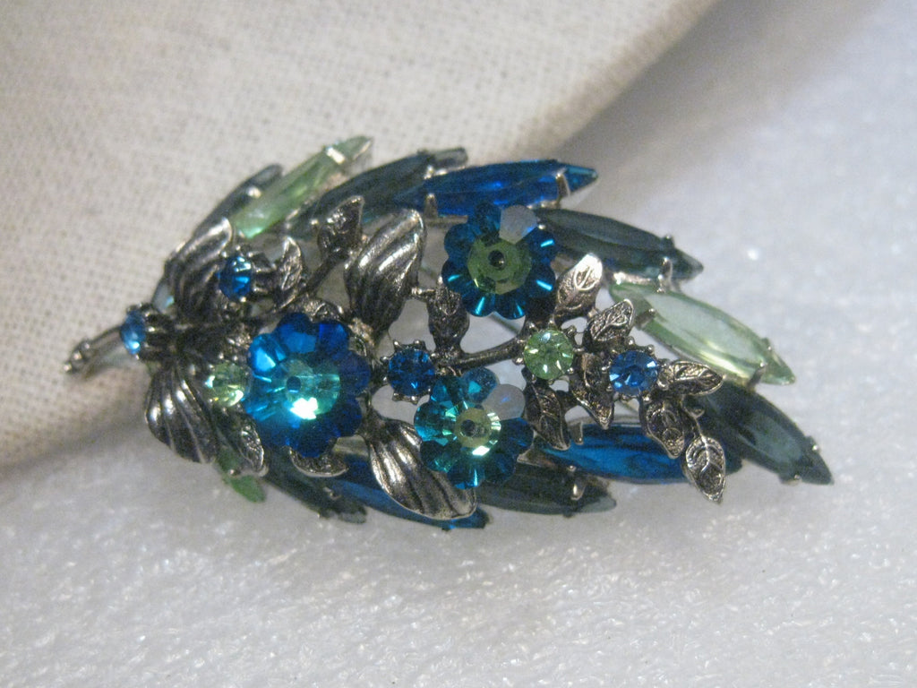 Vintage Brooch With Embroidery And Blue Swarovski Center